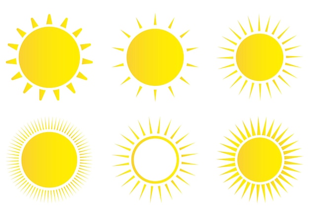 Zon pictogrammenset Weer zon pictogram Gele zon ster Zomer elementen voor ontwerp Vectorillustratie