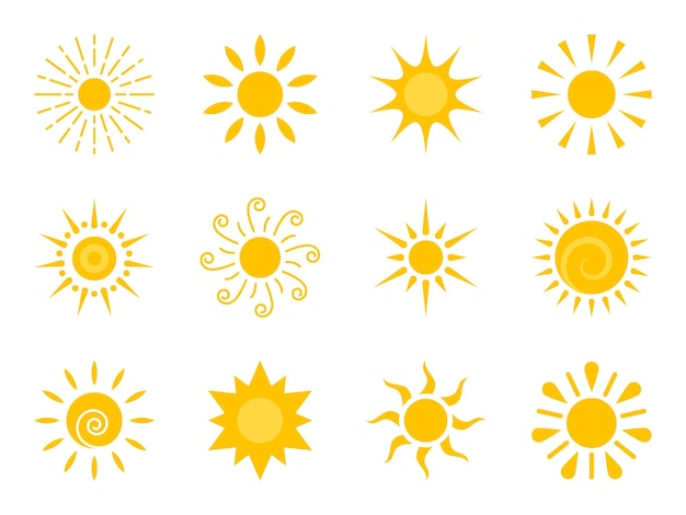 Zon platte pictogrammenset Diverse gele zonneschijn ster Cartoon zomer zonlicht natuur hemel Eenvoudige grafische zonne cirkel teken Zonnige warmte stralen weer app symbool Logotype zonsopgang zonsondergang geïsoleerd op wit