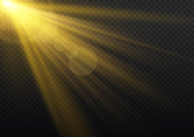 Zon schittering stralen lens flare Geel zonlicht Gouden ster schittert Glow spotlight Bokeh effect vector
