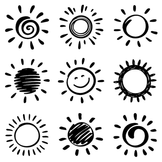 Zon vector ontwerpelementen Hand getrokken doodle pictogrammen ingesteld op een witte achtergrond