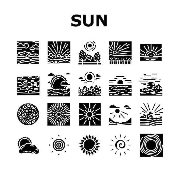 Zon zomer zonlicht lichte pictogrammen instellen vector
