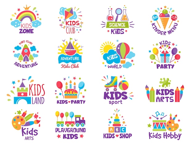 Zonebadges voor kinderen. Logo's voor creatieve plek voor kinderspeelplaatsen of speelgoedwinkel vectorsymbolen. Illustratie zone speeltuin en kidzone, cartoon kinderachtig gebied badge