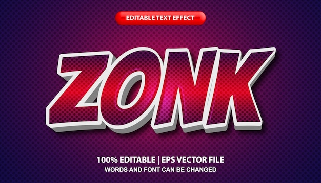 Zonk テキスト、コミック スタイルの編集可能なテキスト効果テンプレート、太字の紫色のフォント スタイル