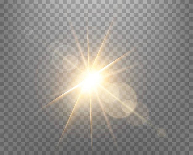 Zonlicht lens flare, zonneflits met stralen en spotlight. Gouden gloeiende burst-explosie op een transparante achtergrond. Vector illustratie.