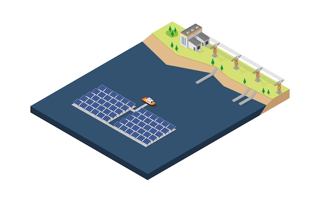 Zonne-energie drijvende energiecentrale in isometrische weergave