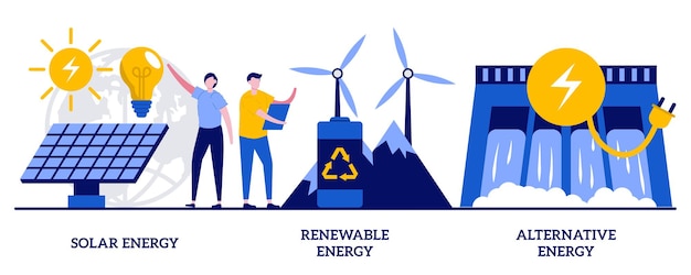 Zonne-energie, hernieuwbare energie, alternatief energieconcept met kleine mensen. eco-vriendelijke innovaties, duurzame technologie, zonnepanelen en windturbines gebruiken abstracte vectorillustratieset.