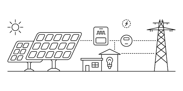 Zonne-energiecentrale. Slim energieconcept. Lijn kunst vectorillustratie.