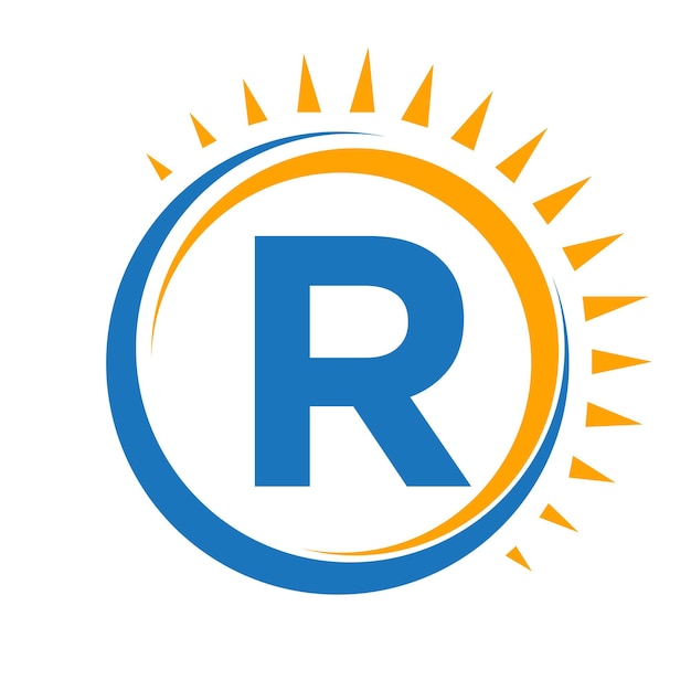 Zonne-logo op letter R-concept met zon-icoon-symbool van het zonnestelsel