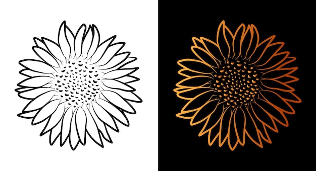 Zonnebloem bloem overzicht pictogram eenvoudige doodle schets lijn kunststijl zwart en goud bloemen plantkunde set schoonheid elegante logo ontwerp Grafisch geïsoleerd symbool tekening platte vorm bruiloft tattoo kaart