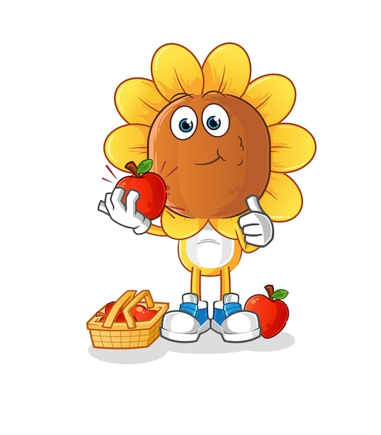 zonnebloem hoofd cartoon eten van een appel illustratie karakter vector