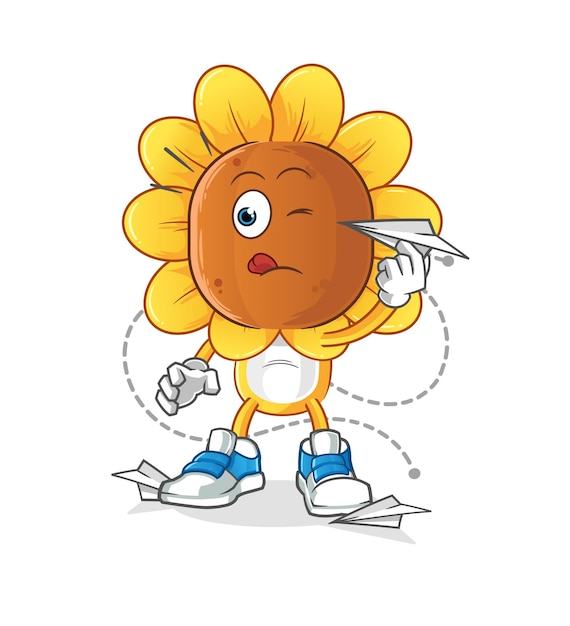 Zonnebloem hoofd cartoon met papier vliegtuig karakter cartoon vector