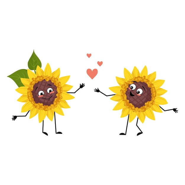 Zonnebloem karakter met liefde emoties glimlach gezicht armen en benen plant persoon met gelukkige uitdrukking gele zonnebloem emoticon platte vectorillustratie