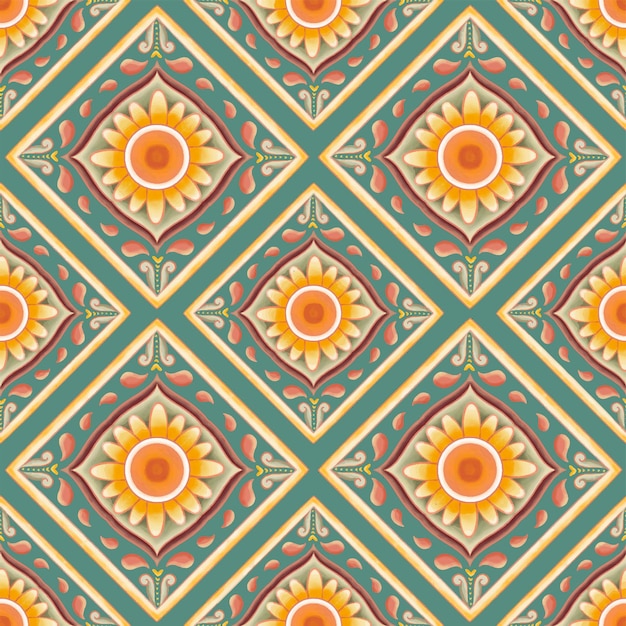 Zonnebloem op groen geometrisch etnisch oosters patroon traditioneel ontwerp voor achtergrondtapijtbehangkledingverpakkingbatikstof vector illustratie borduurstijlxa