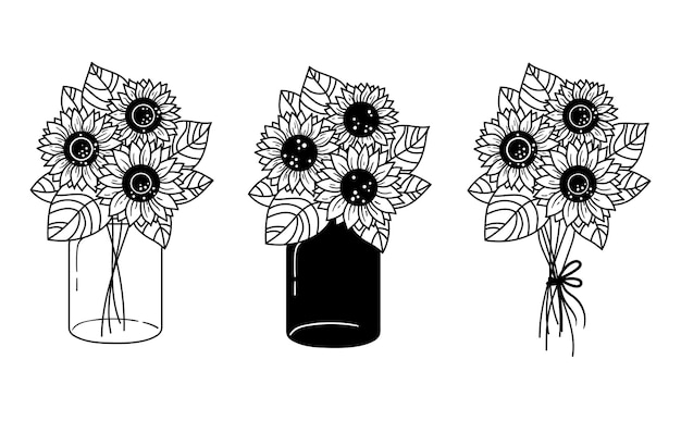 Zonnebloemen en glazen pot geïsoleerde clipart set Zwart-wit bloemen bouquete zonnebloemen
