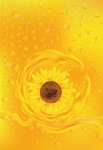 Zonnebloemolie Realistische bloem Zonnebloem op gele achtergrond Spatten en gouden druppels Vector
