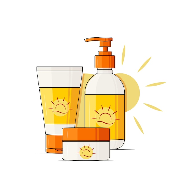 Zonnebrandcrème huidverzorging product set zomer cosmetica spf formule oranje zon label vectorillustratie