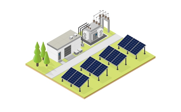 Zonnecelenergie, zonnecelcentrale in isometrisch