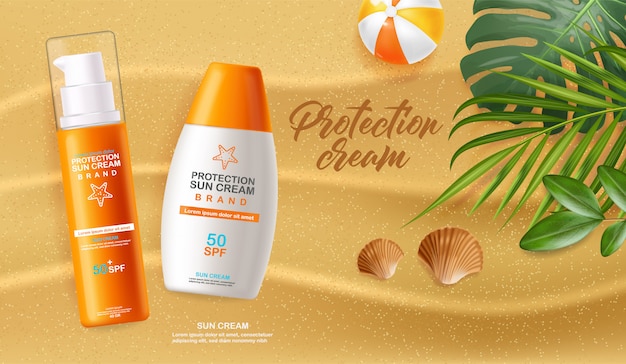 Zonnecrème fles 3d-realistische geïsoleerd, zee achtergrond, tropische banner strand, verpakking, bescherming zonnebrandcrème, spf 50 zomer cosmetica illustratie