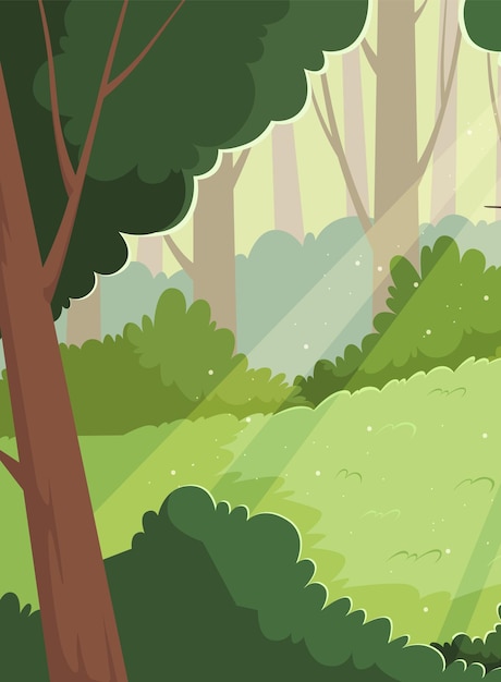 Zonnelicht in het bos Zonnelichte ochtend tussen weelderige bomen cartoon achtergrond hout daglicht betoverde natuur vector illustratie