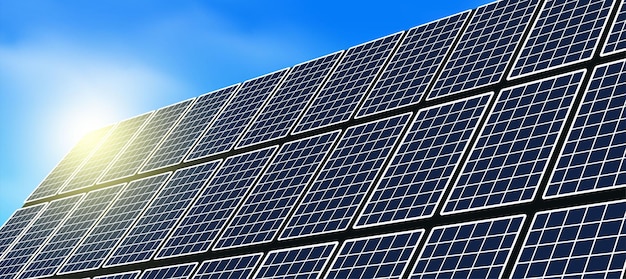 Zonnepanelen en zon, fabriek voor de productie van zonne-energie