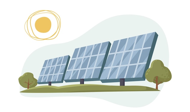 Zonnepanelen met bomen en zon in een vectorillustratie van een groen landschap