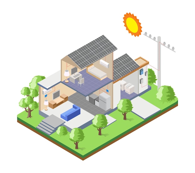 Zonnepanelen op het dak van het huis met elektriciteitspalen