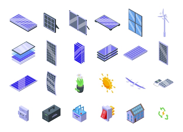 Zonnepanelen pictogrammen instellen isometrische vector. Zonne-omvormer