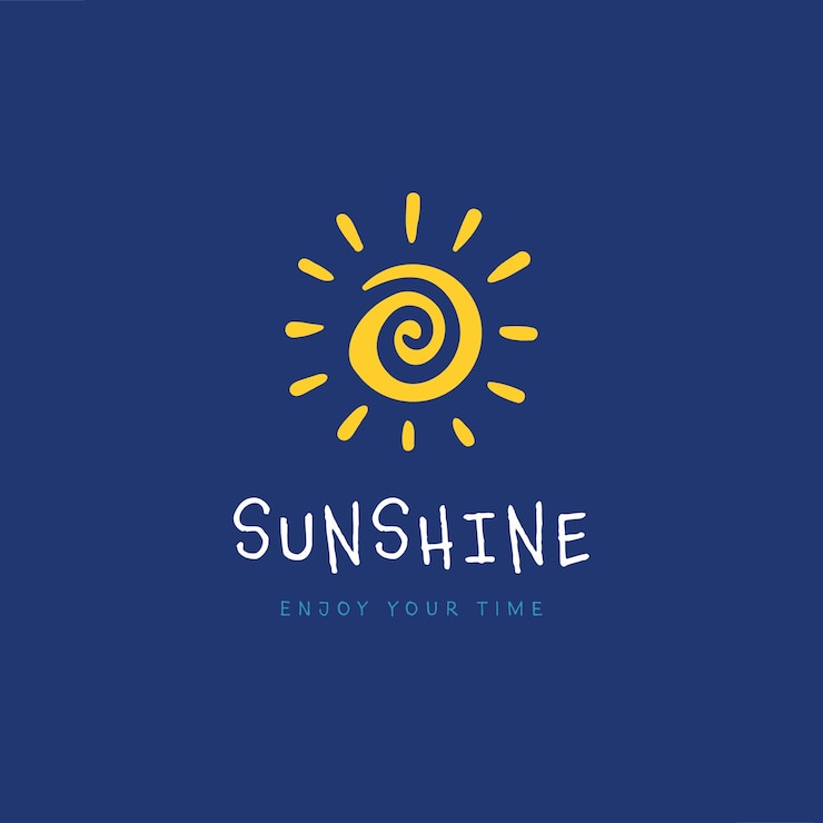 Vector zonneschijn logo een doodle handgetekende stijl logo vector van de zon met geel abstracte spiraalvorm pictogram op blauwe achtergrond