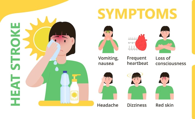 Zonnesteek infographic vector Braken hoofdpijn rode huid pictogrammen worden weergegeven Bottl