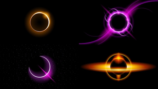 Zonneverduistering Zonnecollectie Kleur Set Vuur Donkere achtergrond Vector Maanontwerp Stijl Ruimtewetenschap