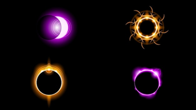 Zonneverduistering Zonnecollectie Kleur Set Vuur Donkere achtergrond Vector Maanontwerp Stijl Ruimtewetenschap