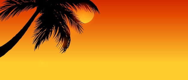 Zonnige zonsondergang aan de kust met palmboom silhouetzomer strand bannerposterminimaal ontwerp