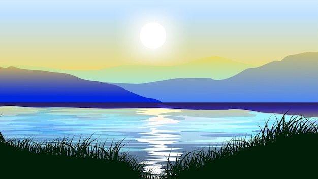 Vector zonsondergang aan het meer met grasland