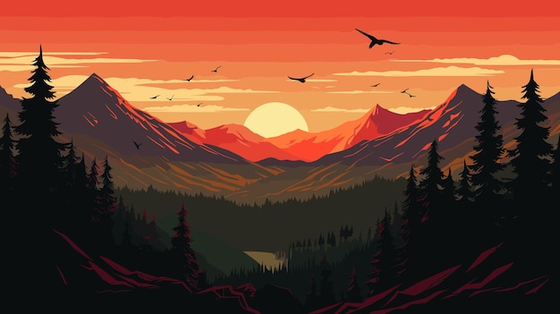 Zonsondergang berglandschap Realistisch dennenbos en bergsilhouetten avond houten panorama Vector illustratie wilde natuur achtergrond