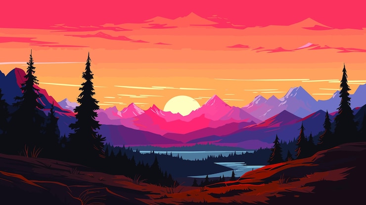 Vector zonsondergang berglandschap realistisch dennenbos en bergsilhouetten avond houten panorama vector illustratie wilde natuur achtergrond