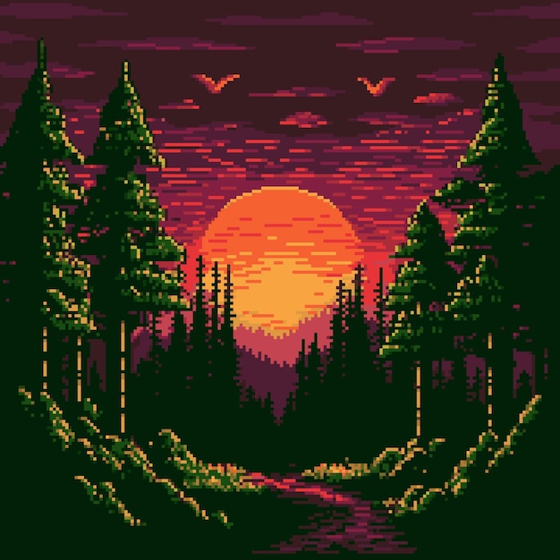 Zonsondergang boslandschap AI gegenereerd 8 bit pixel spel vector achtergrond Bos natuur landschap met pijnbomen groene planten en gras oranje hemel met rode ondergaande zon wolken en vogels