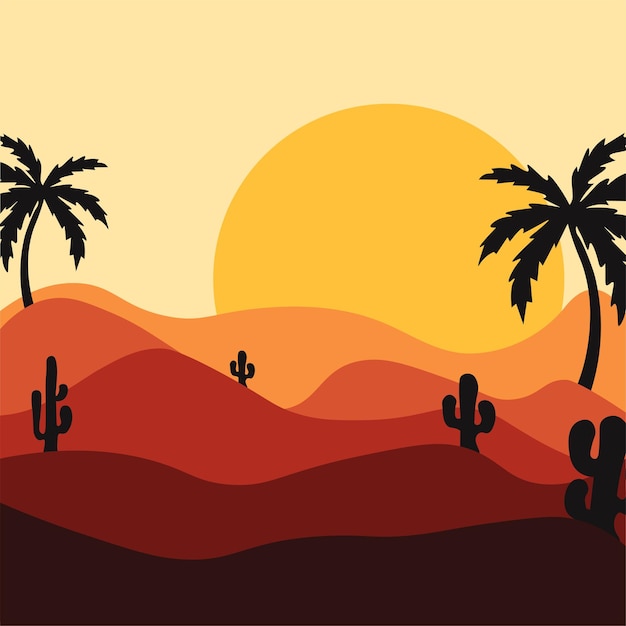 Zonsondergang in de woestijn met cactussen Vectorillustratie