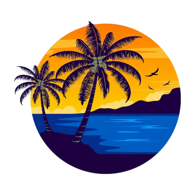 zonsondergang logo inspiratie ontwerp. strand, palmbomen en zonsondergangconcept.