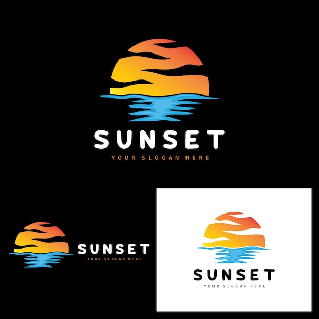 Zonsondergang Logo Strand Ontwerp Rivier En Zon Illustratie Vector Genieten Van De Twilight