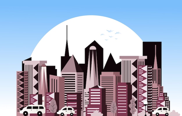 Zonsondergang Moderne Stad Wolkenkrabber Gebouw Stadsgezicht Skyline Illustratie