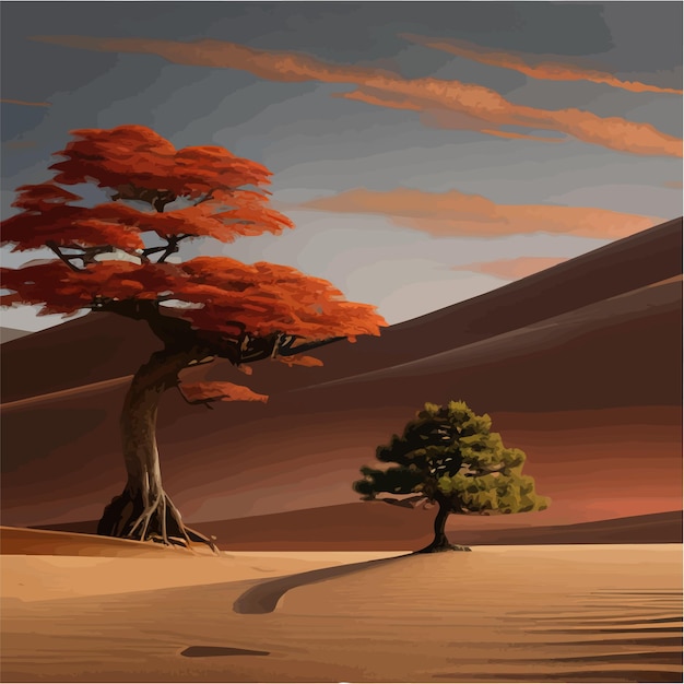 Vector zonsondergang of volle maan in de afrikaanse herfst oranje grote scheve boom op een heuvel alleen plant kunstontwerp voor