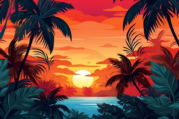 Zonsondergang op het strand met palmbomen en de zon