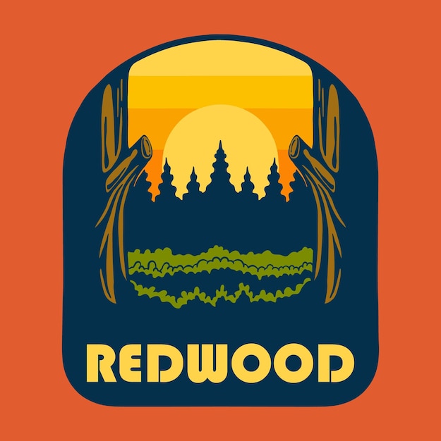 Zonsondergang op Redwood Nationaal Park Badge Logo Ontwerp Vector Illustratie