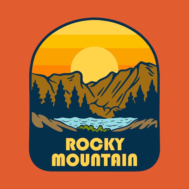 Zonsondergang op Rocky Mountain Nationaal Park Badge Logo Ontwerp Vector Illustratie