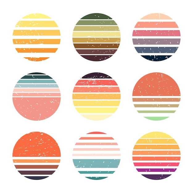 Zonsondergang retro gradiënt badges cirkel zonsopgang emblemen platte vector illustratie collectie