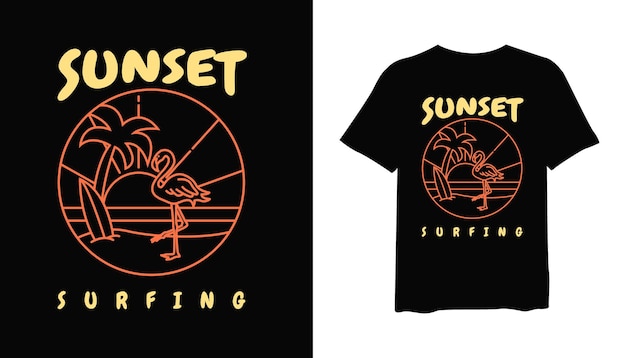 Zonsondergang surfen lijn kunst stijl vector illustratie t-shirt mockup ontwerp