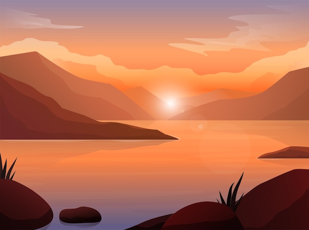 Zonsondergang uitzicht op meer met bergen Natuur achtergrond landschap met bergen en zon Vector