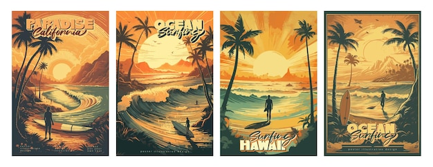 Zonsondergang vintage retro stijl strand surf poster vectorillustratie