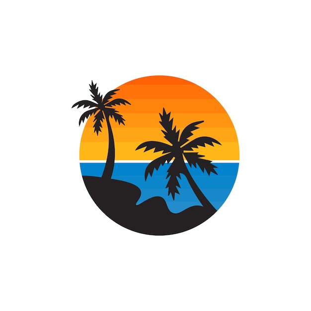 Zonsondergangen strand en palmboom stijl jaren 80 en 90 Abstracte achtergrond met een zonnig verloop Silhouetten van palmbomen Vector ontwerpsjabloon voor logo badges Geïsoleerde witte achtergrond