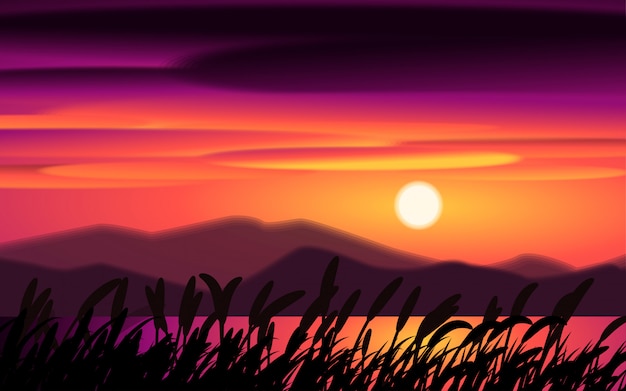 Zonsonderganglandschap met silhouet van gras en meer